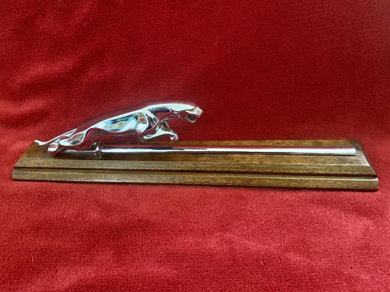 Original Wilmot Breeden Chrome Jaguar Car Mascot with Chrome Bonnet Strip Mounted on Walnut Plinth c1955
