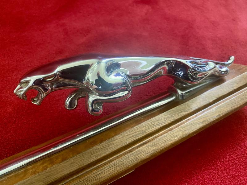Original Wilmot Breeden Chrome Jaguar Car Mascot with Chrome Bonnet Strip Mounted on Walnut Plinth c1955