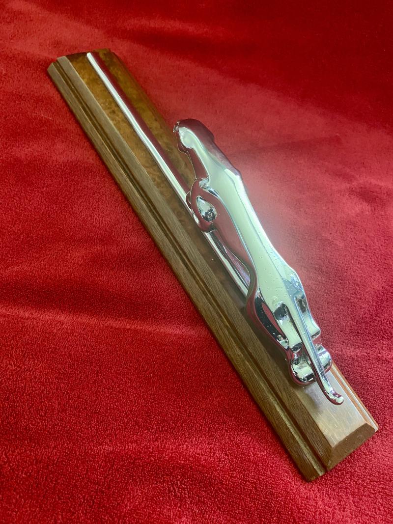 Original Wilmot Breeden Chrome Jaguar Car Mascot with Chrome Bonnet Strip Mounted on Walnut Plinth c1955