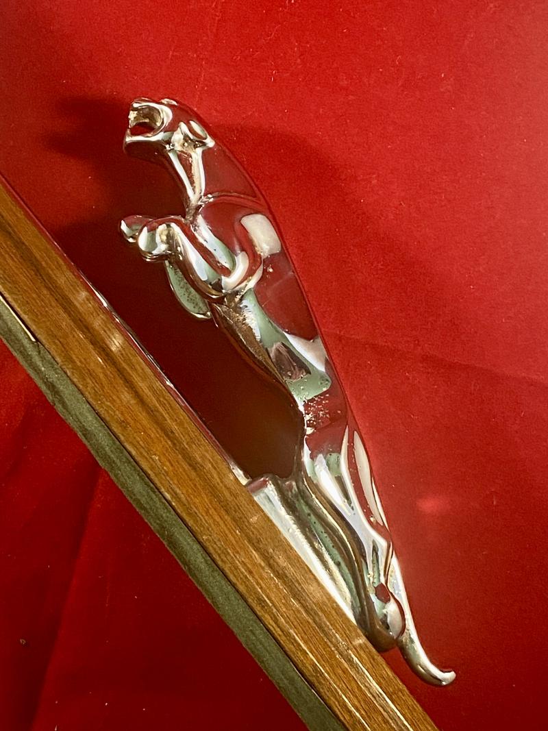 Original Wilmot Breeden Chrome Jaguar Car Mascot with Chrome Bonnet Strip Mounted on Walnut Plinth c1955