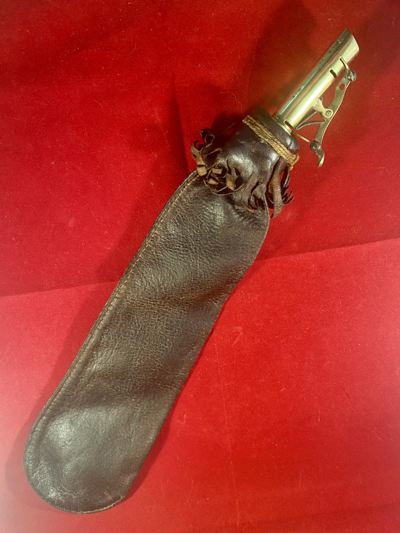 Unusual 19th Century Large Capacity Brass Spring Loaded Leather Shot Powder Flask with Leather Tassel Collar