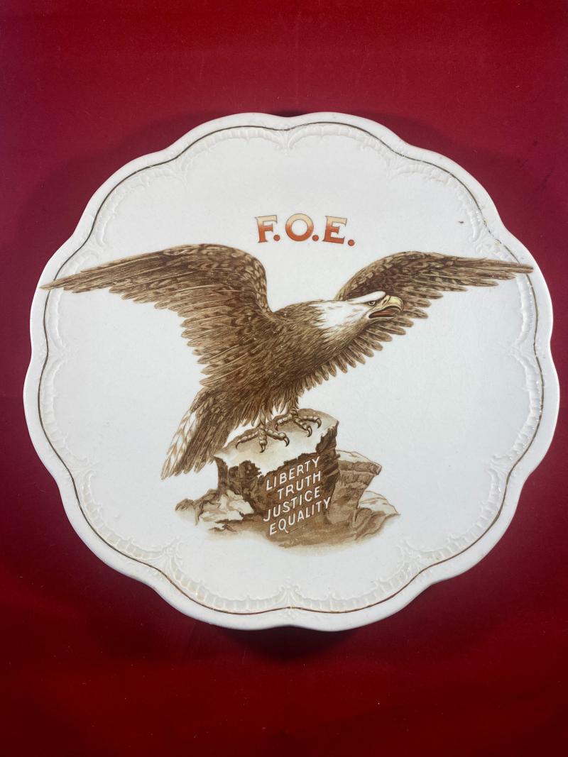 Antique 9.75” China Plate by Taylor, Smith & Taylor Co Depicting the Bald Eagle Emblem of the American Fraternal Order of Eagles (F.O.E)