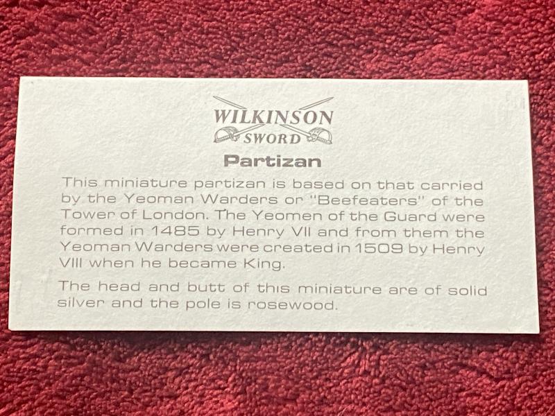 Scarce 15” Miniature Partizan Polearm as Carried by Tower of London Beefeaters with Silver Spike and Butt by Wilkinson Sword – Mint in Box c1978