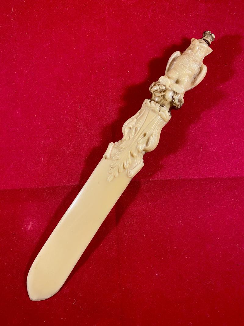 Unusual Moulded Owl Celluloid Letter Opener with Concealed Pencil Topped with a Crown
