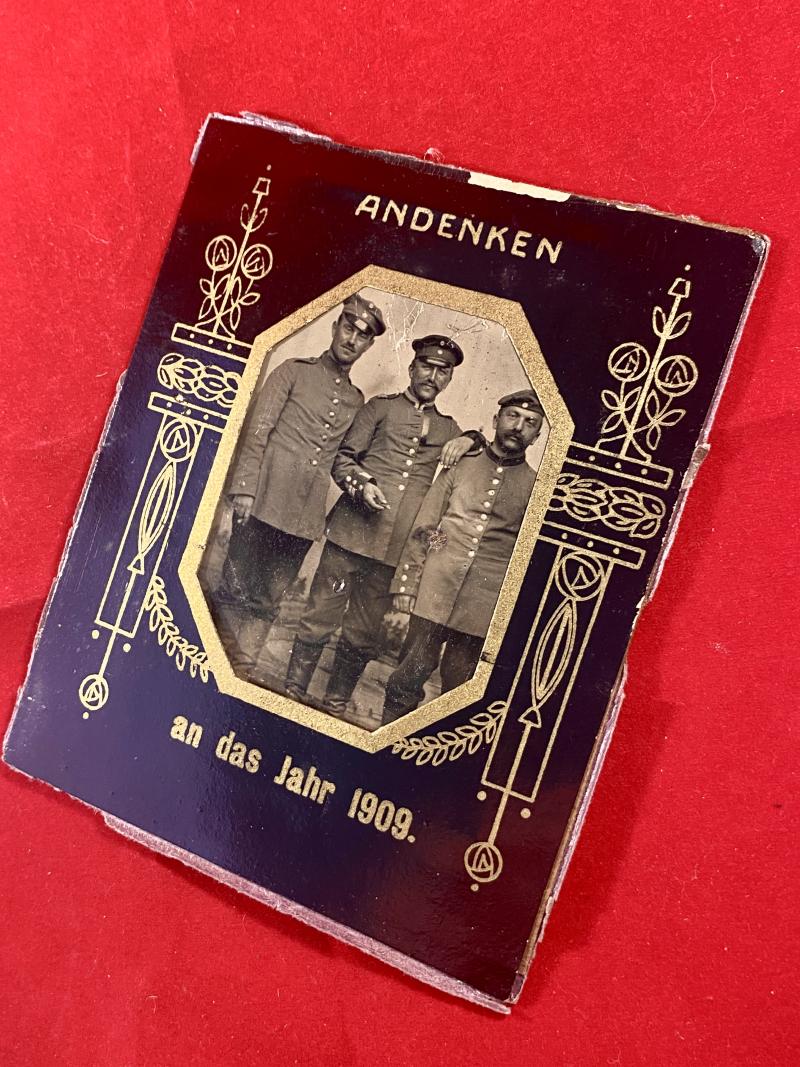 Impressive Paper Framed Tintype Photo of Three Soldiers of the Imperial German Army - Souvenir  of the Year 1909