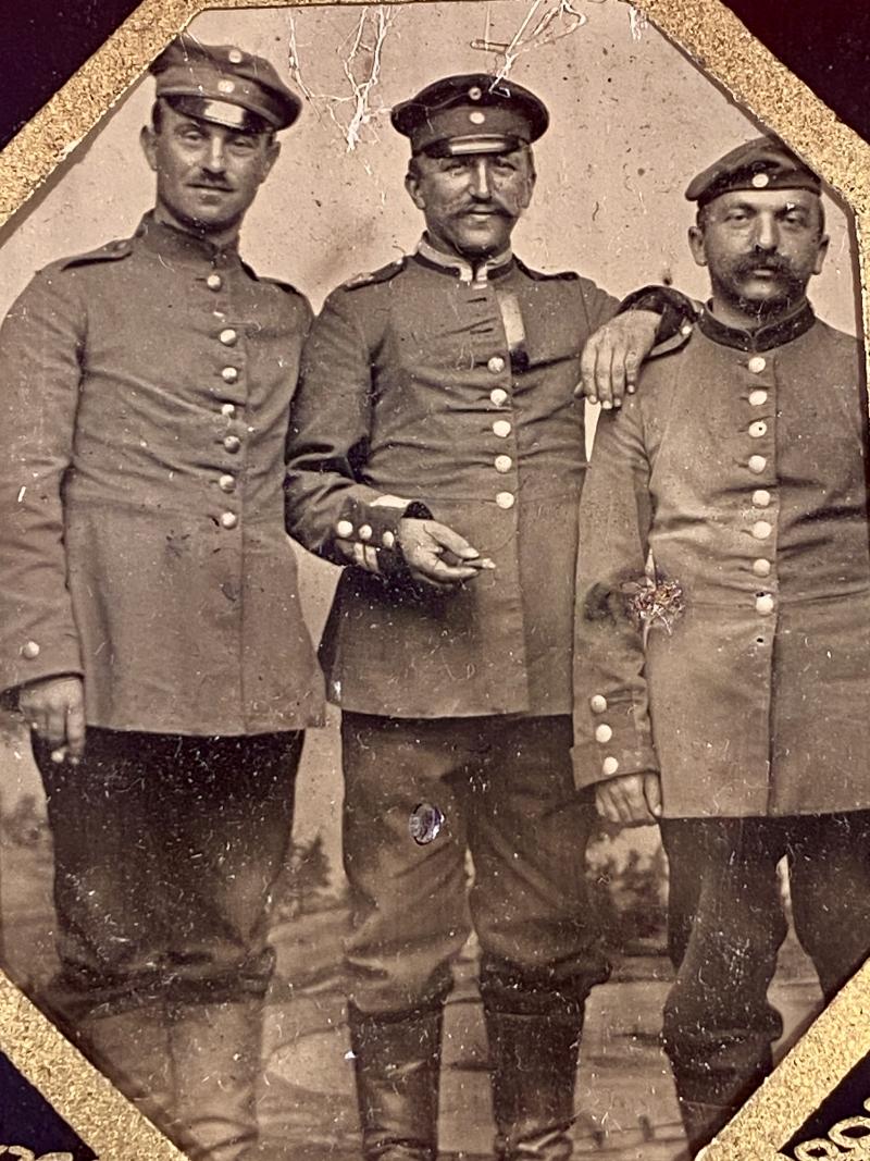 Impressive Paper Framed Tintype Photo of Three Soldiers of the Imperial German Army - Souvenir  of the Year 1909