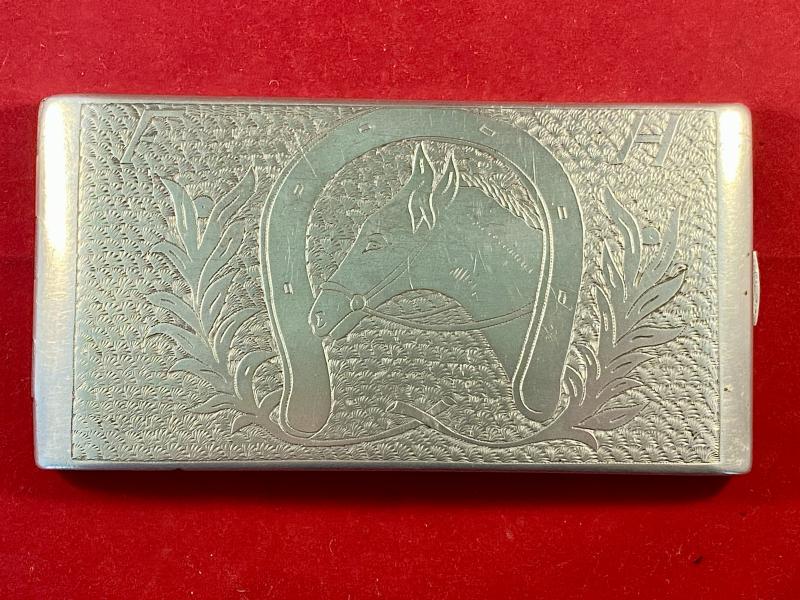 WW2 Italian POW made Aluminium Trench Art Cigarette Case Depicting a Horse and Dog