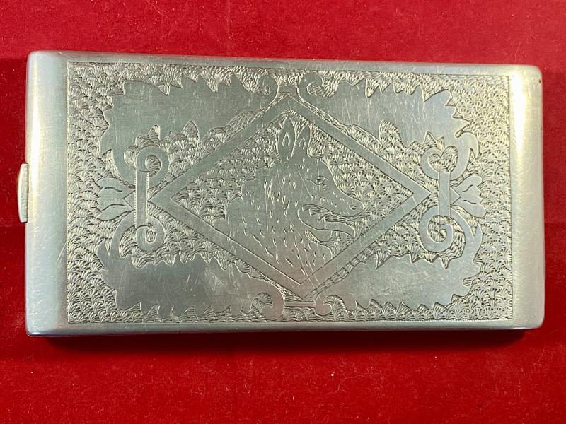 WW2 Italian POW made Aluminium Trench Art Cigarette Case Depicting a Horse and Dog