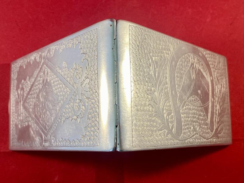 WW2 Italian POW made Aluminium Trench Art Cigarette Case Depicting a Horse and Dog