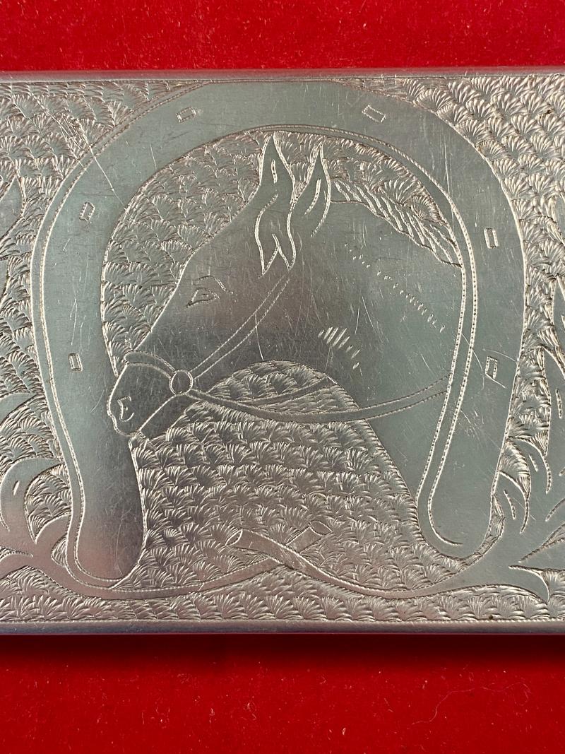 WW2 Italian POW made Aluminium Trench Art Cigarette Case Depicting a Horse and Dog