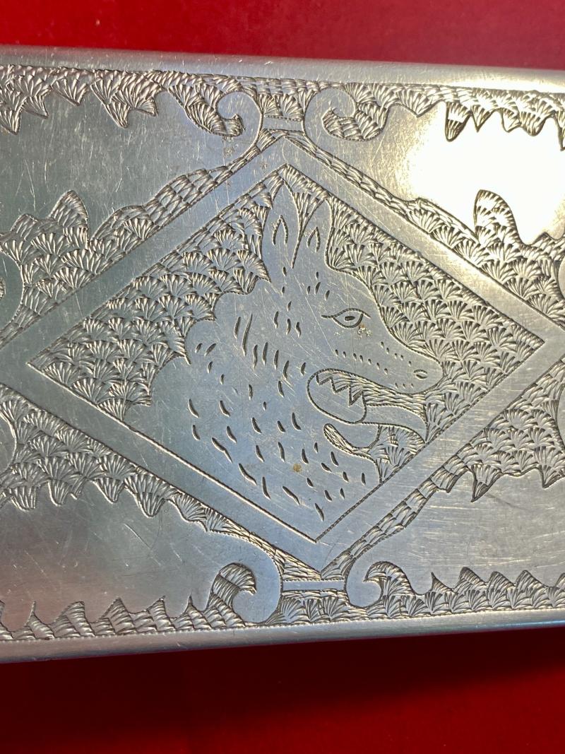 WW2 Italian POW made Aluminium Trench Art Cigarette Case Depicting a Horse and Dog