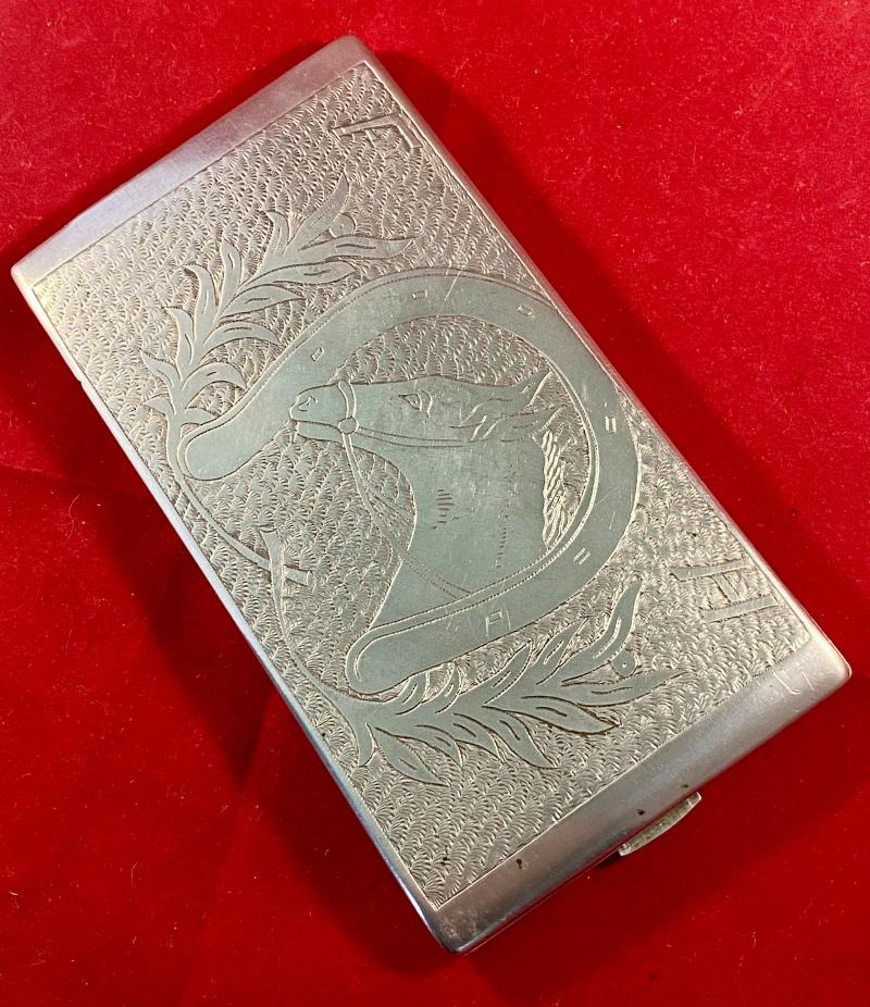 WW2 Italian POW made Aluminium Trench Art Cigarette Case Depicting a Horse and Dog