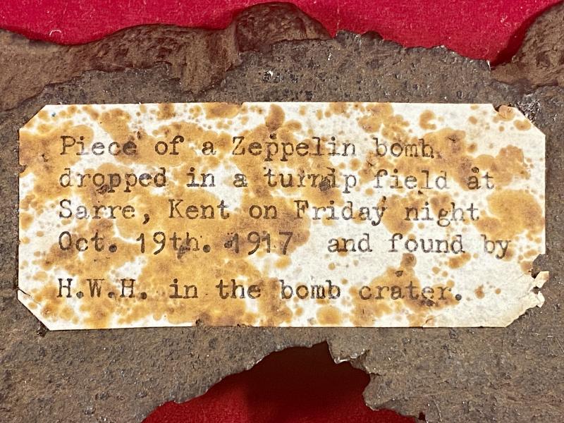 Rare 6” 520g Metal Fragment of a WW1 German Zeppelin LZ93 (L44) 100Kg HE Bomb Dropped on a Turnip Field at Sarre, Kent on 19th October 1917
