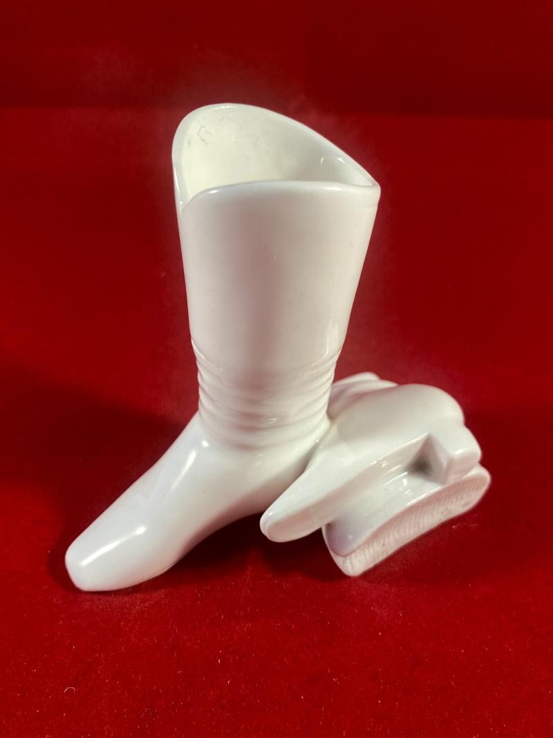 Unusual Antique Victorian White Bisque Porcelain Boots Match Holder with Striker Plate c1874