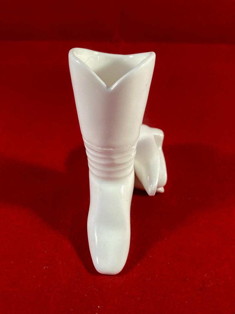 Unusual Antique Victorian White Bisque Porcelain Boots Match Holder with Striker Plate c1874
