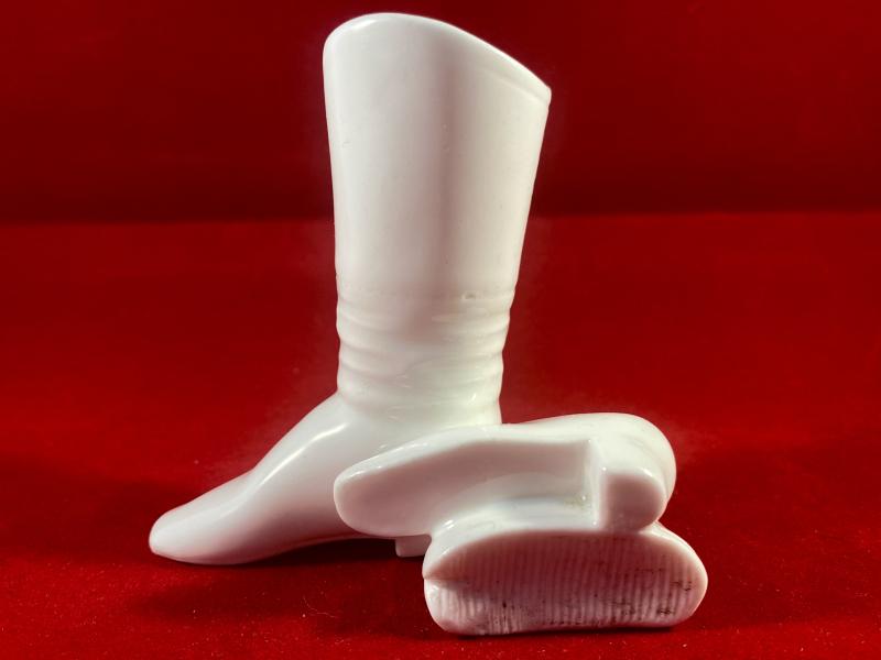 Unusual Antique Victorian White Bisque Porcelain Boots Match Holder with Striker Plate c1874