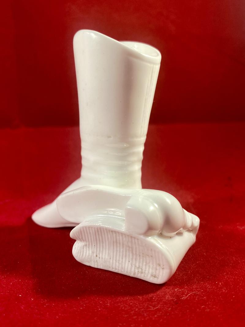 Unusual Antique Victorian White Bisque Porcelain Boots Match Holder with Striker Plate c1874