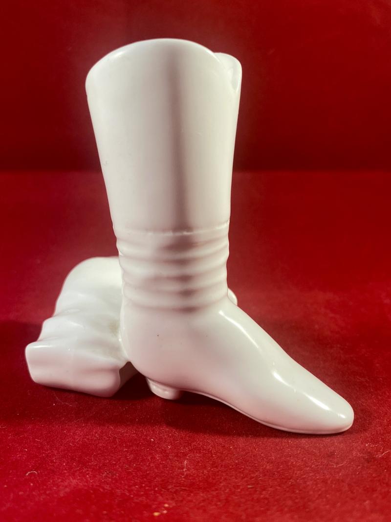Unusual Antique Victorian White Bisque Porcelain Boots Match Holder with Striker Plate c1874