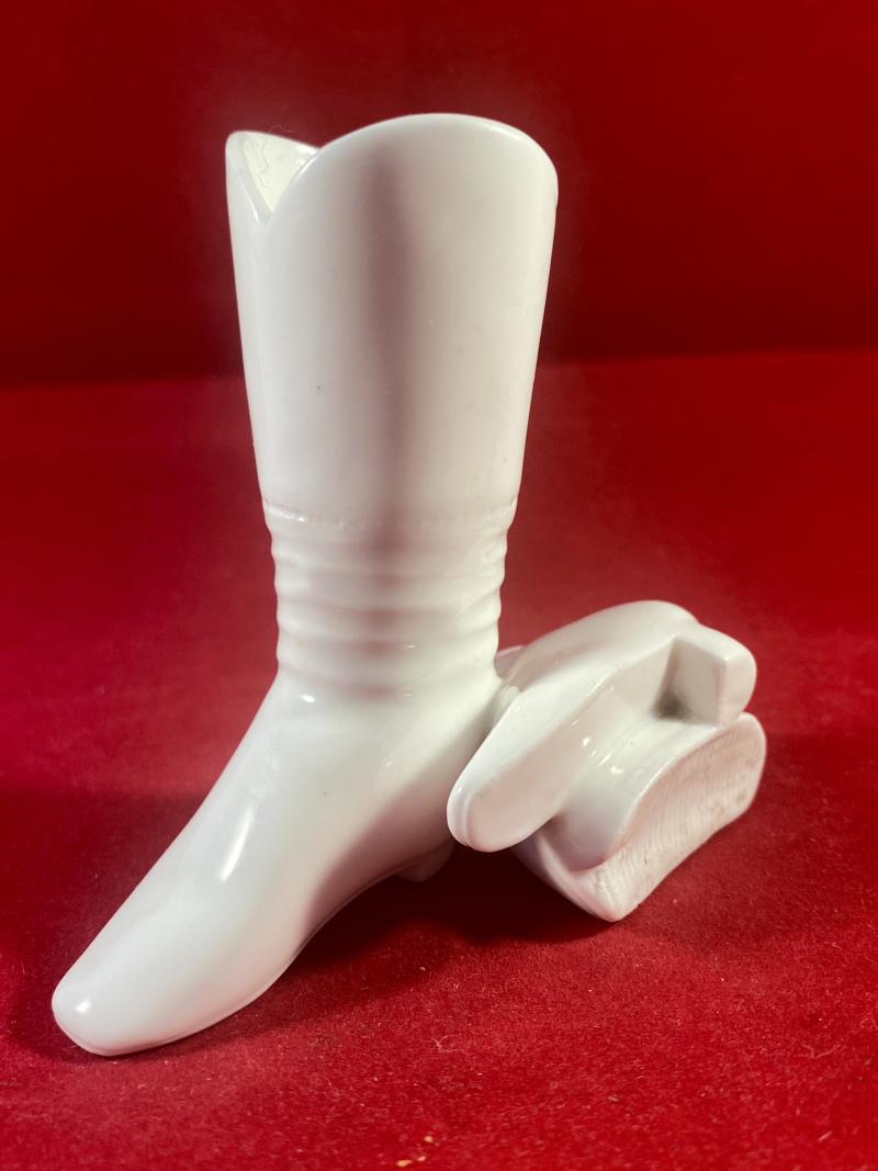 Unusual Antique Victorian White Bisque Porcelain Boots Match Holder with Striker Plate c1874