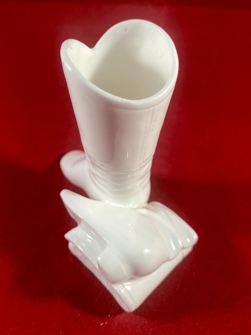 Unusual Antique Victorian White Bisque Porcelain Boots Match Holder with Striker Plate c1874