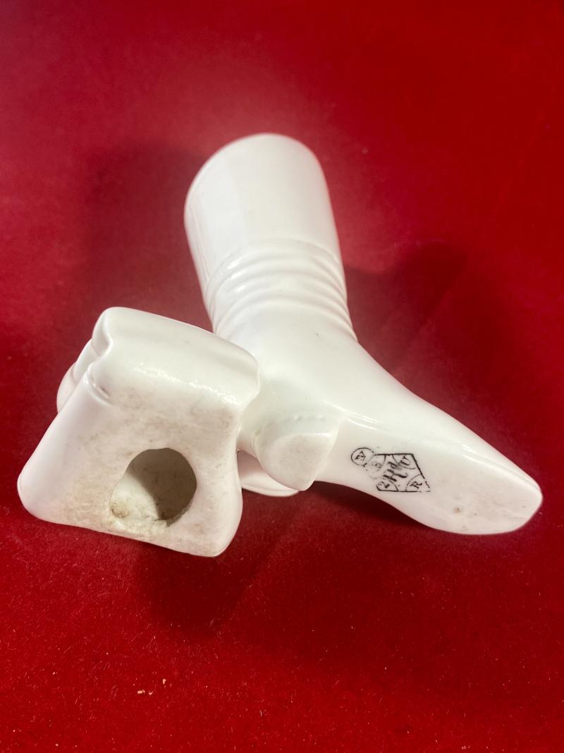 Unusual Antique Victorian White Bisque Porcelain Boots Match Holder with Striker Plate c1874
