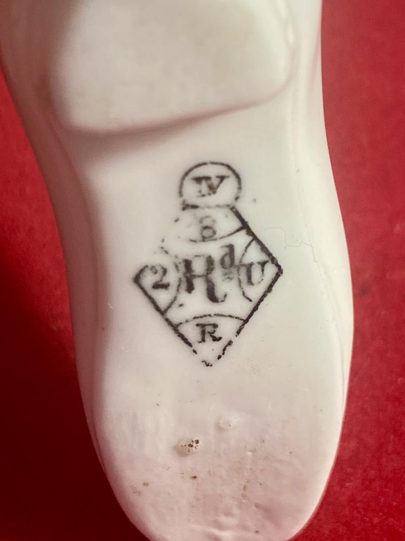 Unusual Antique Victorian White Bisque Porcelain Boots Match Holder with Striker Plate c1874