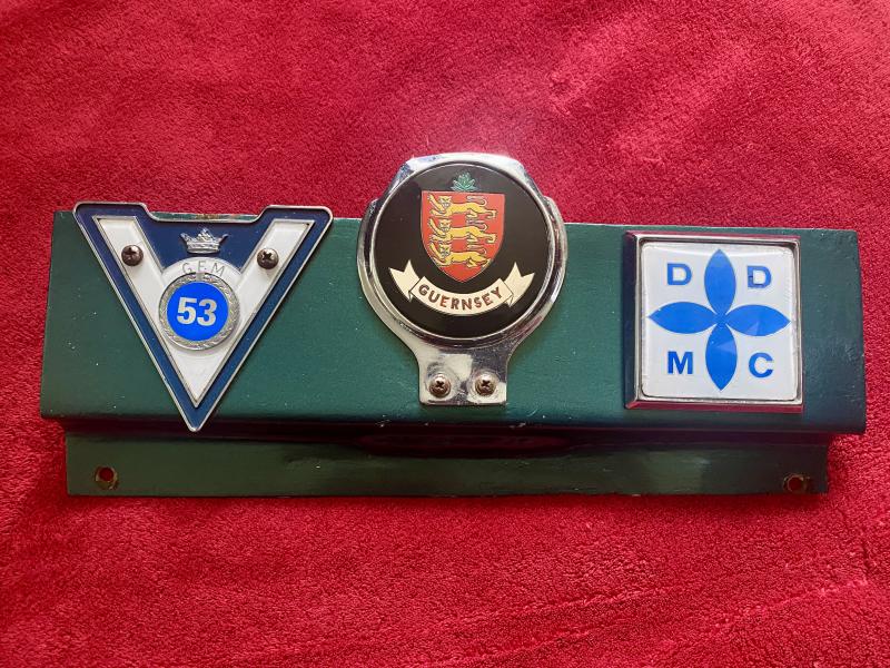 Set of Three Vintage Car Badges Relating to Guernsey - Mounted on Custom-made Metal Bracket