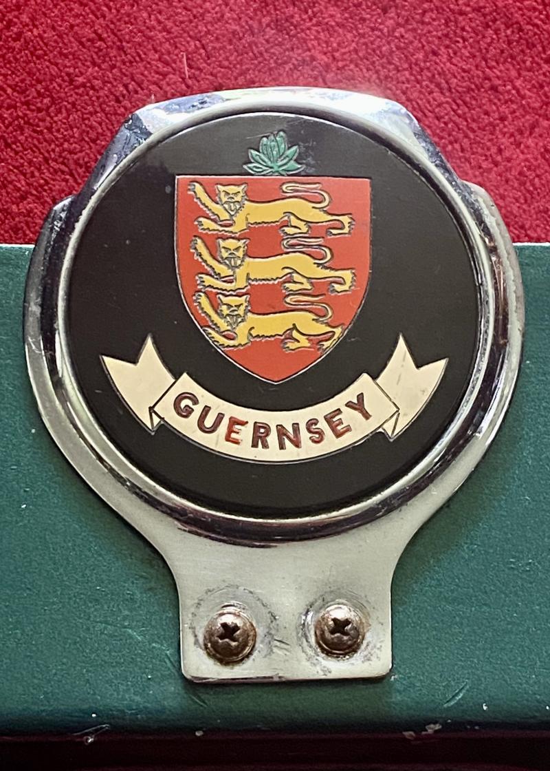 Set of Three Vintage Car Badges Relating to Guernsey - Mounted on Custom-made Metal Bracket