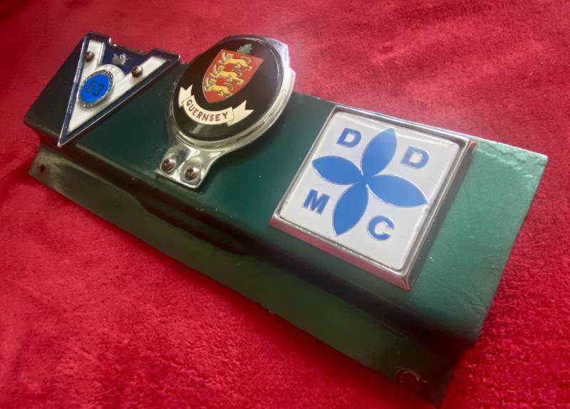 Set of Three Vintage Car Badges Relating to Guernsey - Mounted on Custom-made Metal Bracket