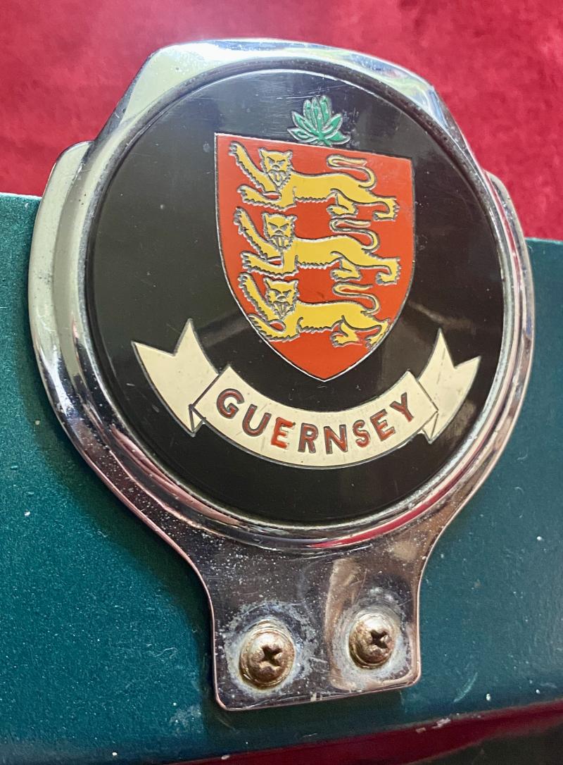 Set of Three Vintage Car Badges Relating to Guernsey - Mounted on Custom-made Metal Bracket