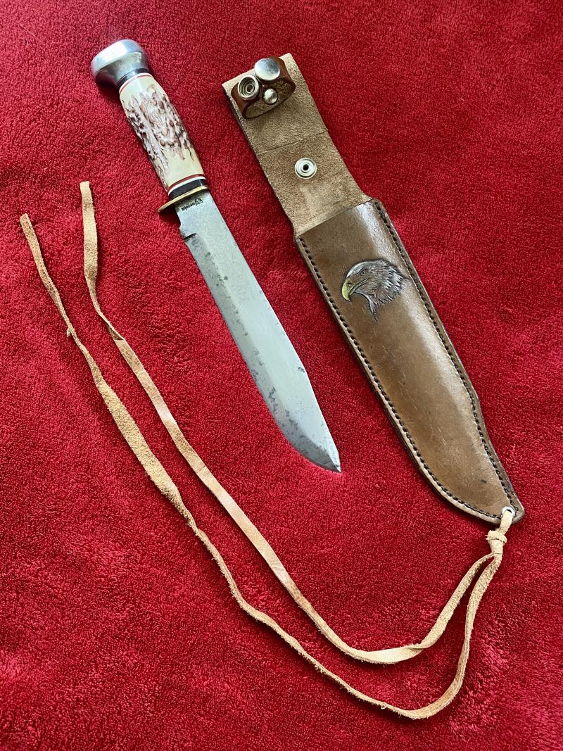 Large Original Bowie Knife by Wenoka of Japan with Embossed Eagle Head Leather Sheath c1960