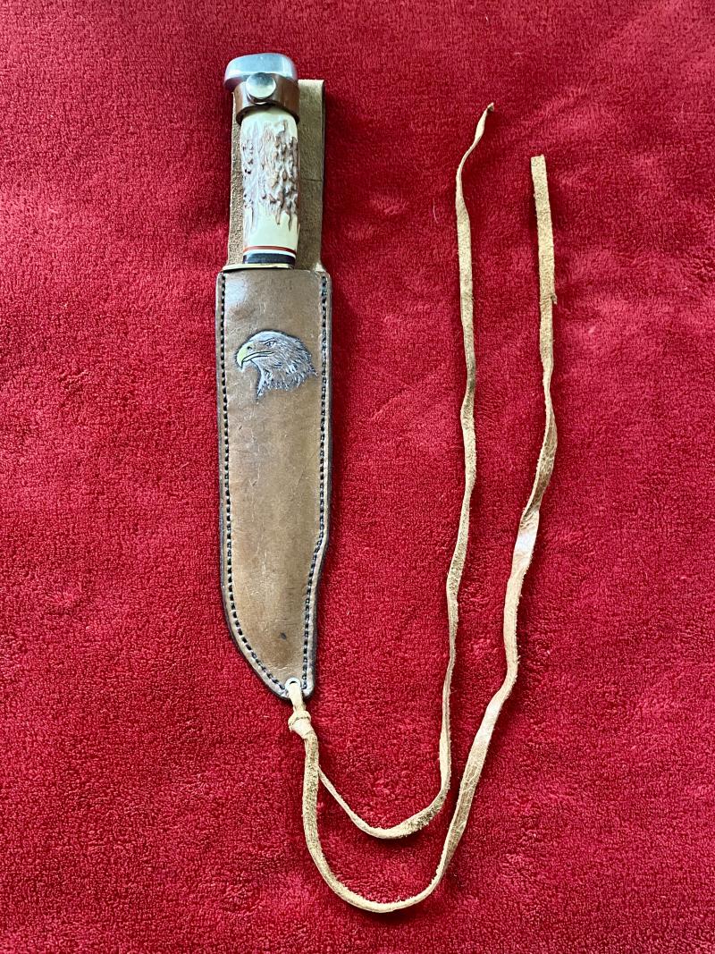 Large Original Bowie Knife by Wenoka of Japan with Embossed Eagle Head Leather Sheath c1960