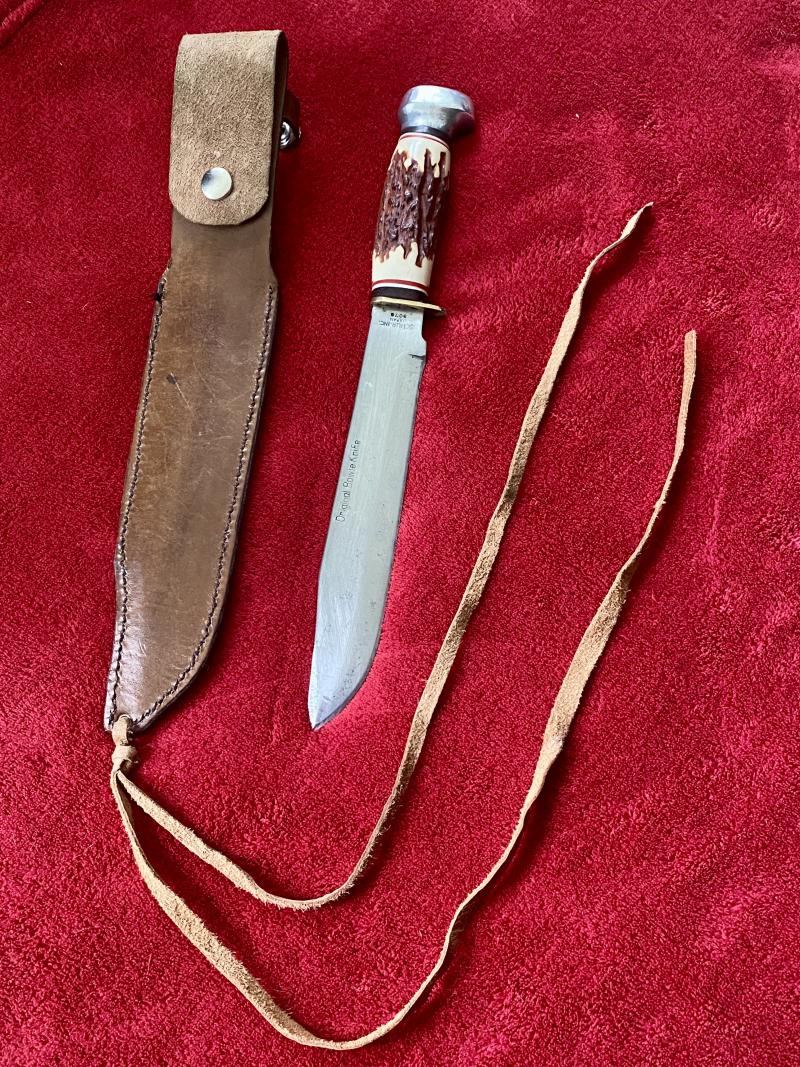 Large Original Bowie Knife by Wenoka of Japan with Embossed Eagle Head Leather Sheath c1960
