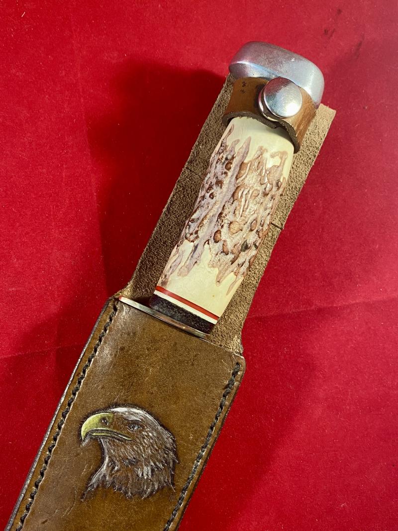 Large Original Bowie Knife by Wenoka of Japan with Embossed Eagle Head Leather Sheath c1960