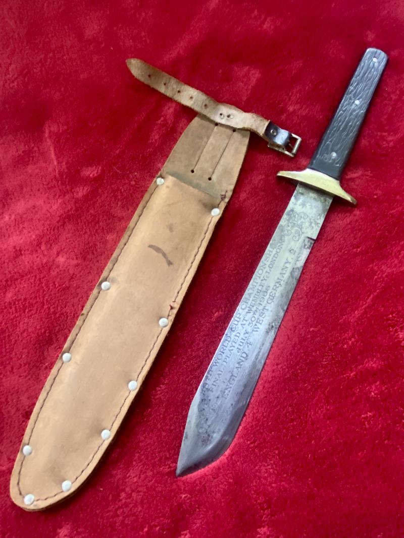 Unusual Large Bowie Knife with 10.5” Blade etched with details of England’s World Cup win in 1966 with Leather Sheath