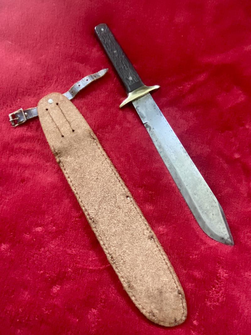 Unusual Large Bowie Knife with 10.5” Blade etched with details of England’s World Cup win in 1966 with Leather Sheath