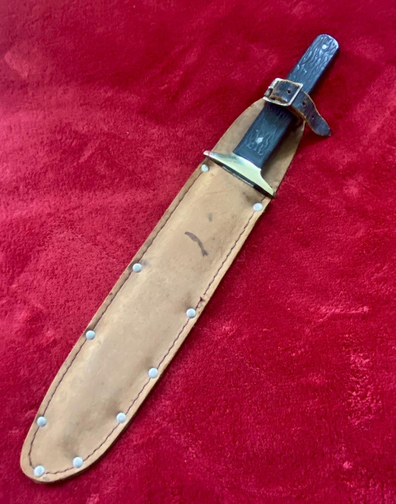 Unusual Large Bowie Knife with 10.5” Blade etched with details of England’s World Cup win in 1966 with Leather Sheath