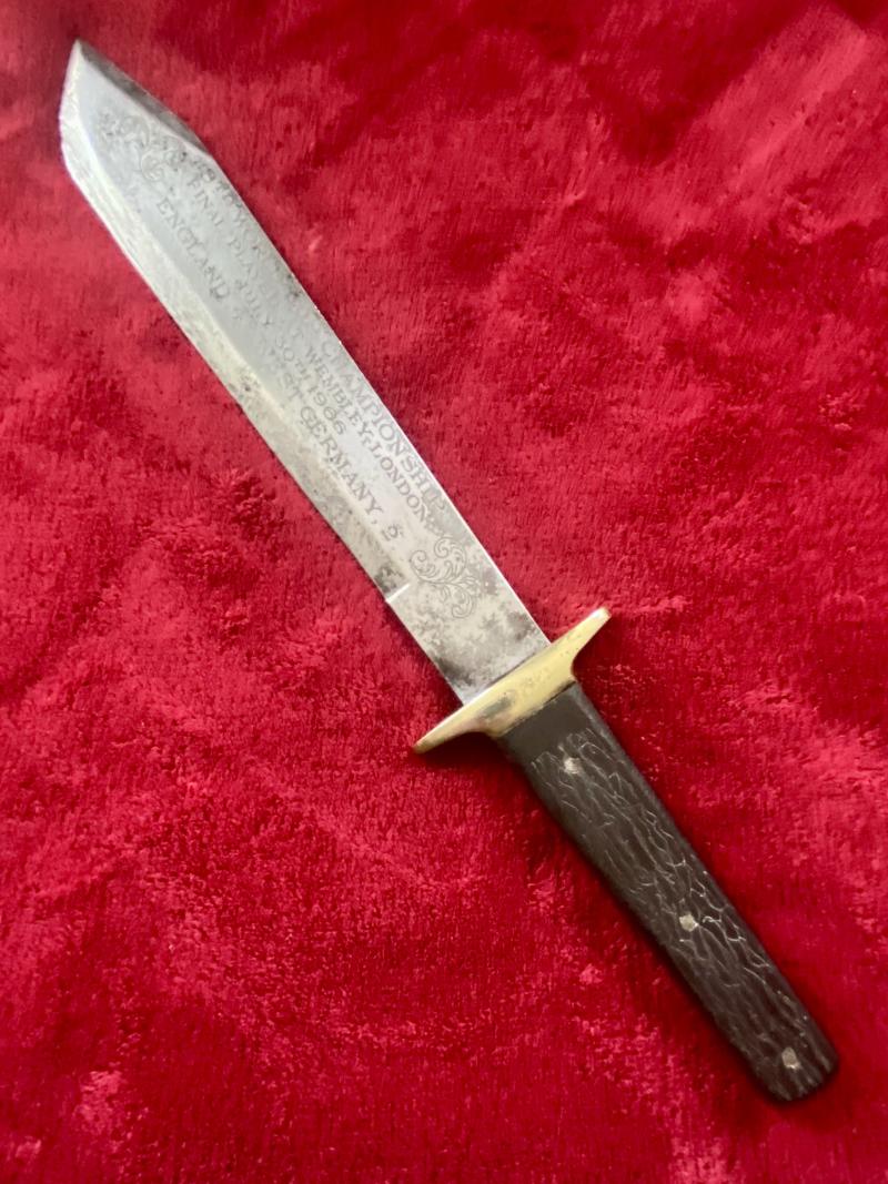 Unusual Large Bowie Knife with 10.5” Blade etched with details of England’s World Cup win in 1966 with Leather Sheath