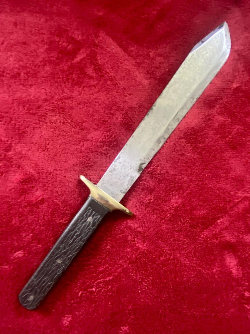 Unusual Large Bowie Knife with 10.5” Blade etched with details of England’s World Cup win in 1966 with Leather Sheath
