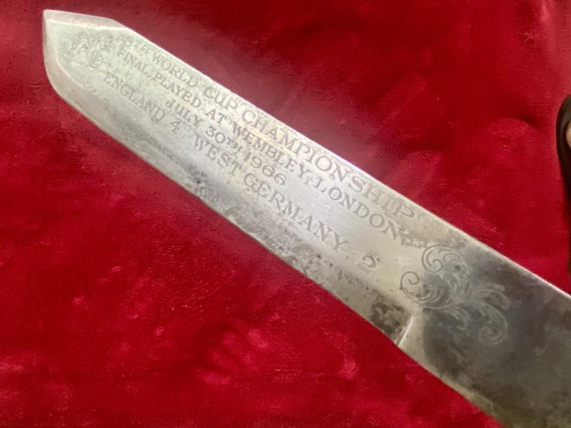 Unusual Large Bowie Knife with 10.5” Blade etched with details of England’s World Cup win in 1966 with Leather Sheath