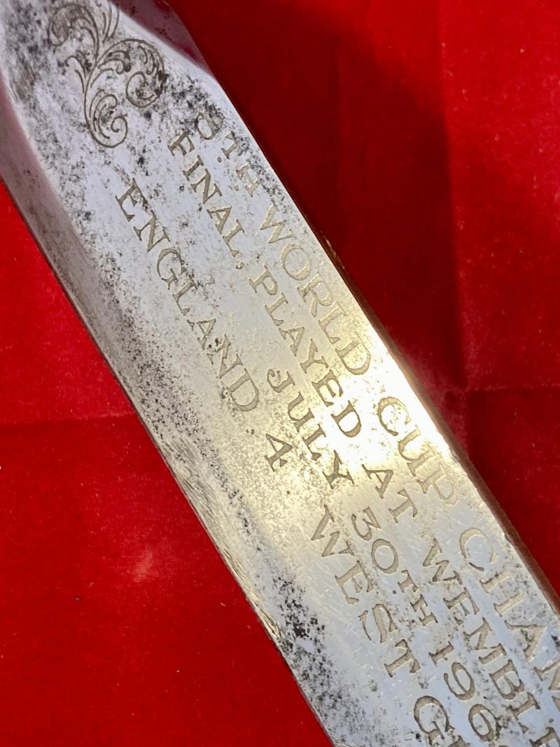 Unusual Large Bowie Knife with 10.5” Blade etched with details of England’s World Cup win in 1966 with Leather Sheath
