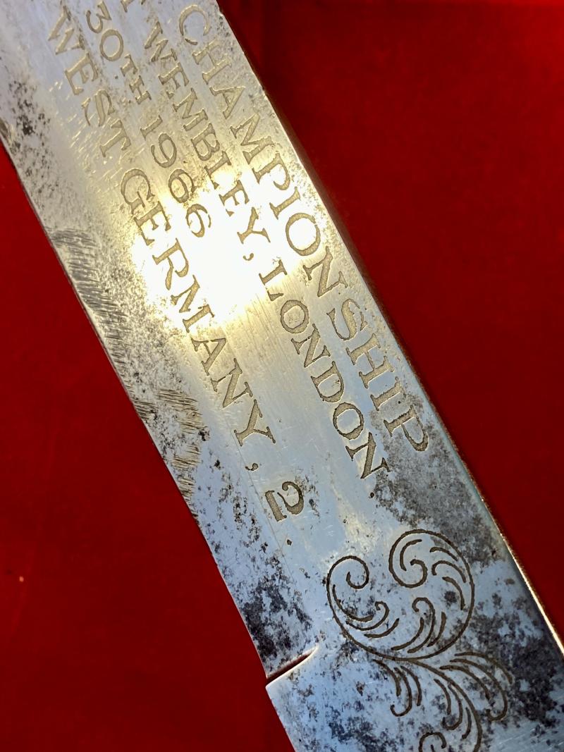 Unusual Large Bowie Knife with 10.5” Blade etched with details of England’s World Cup win in 1966 with Leather Sheath