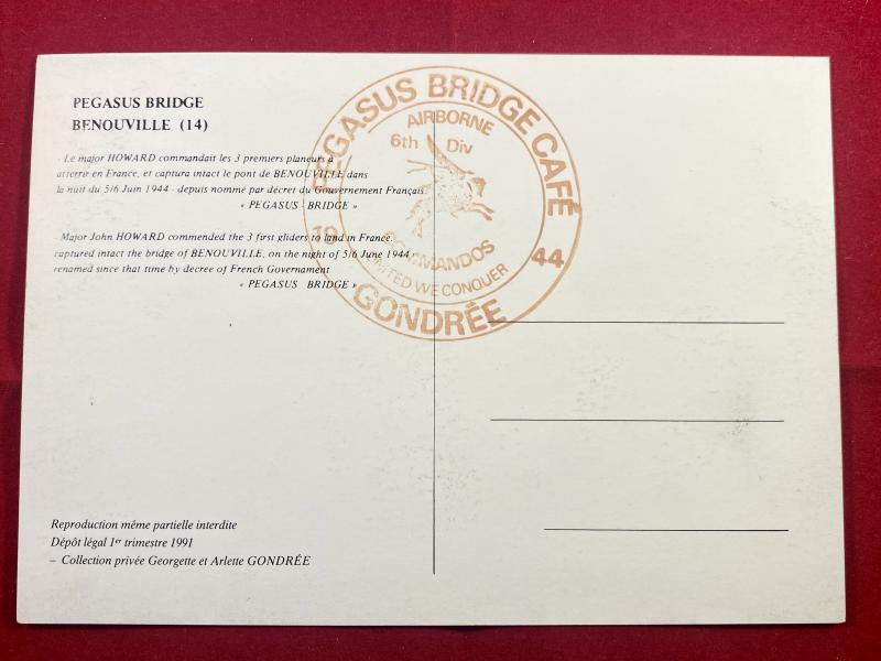 Rare Commemorative D-Day Landing Postcard from the Famous Pegasus Bridge Café signed by Major John Howard DSO c1980