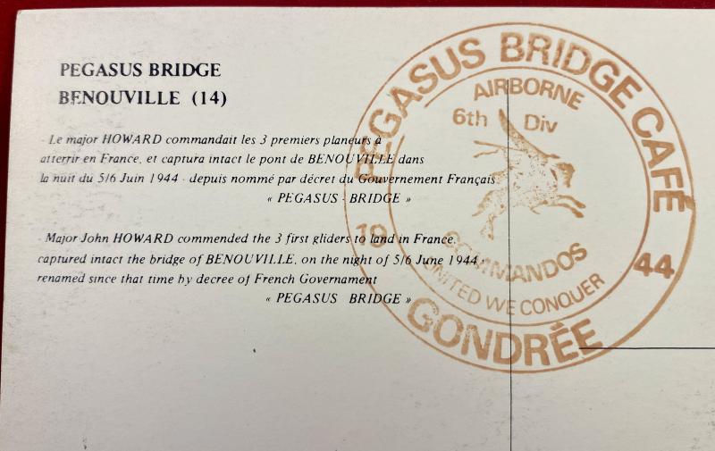 Rare Commemorative D-Day Landing Postcard from the Famous Pegasus Bridge Café signed by Major John Howard DSO c1980