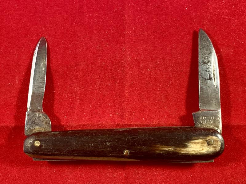 Antique Double-Bladed Penknife with Smooth Horn Grip Scales made in Sheffield c1880