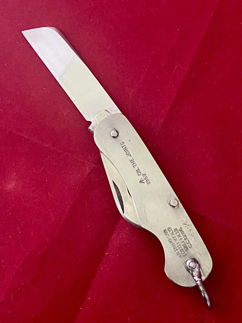 Vintage Unused British Army Folding Two-Piece Stainless Steel Clasp or Jack Knife Dated 1952 with Original Waxed Paper Wrapping