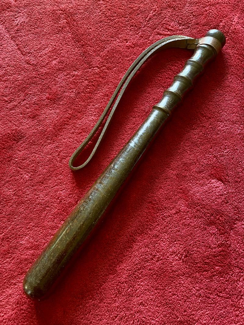 Original Vintage Dark Oak British Police Truncheon with Leather Strap c1960