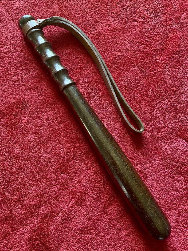 Original Vintage Dark Oak British Police Truncheon with Leather Strap c1960