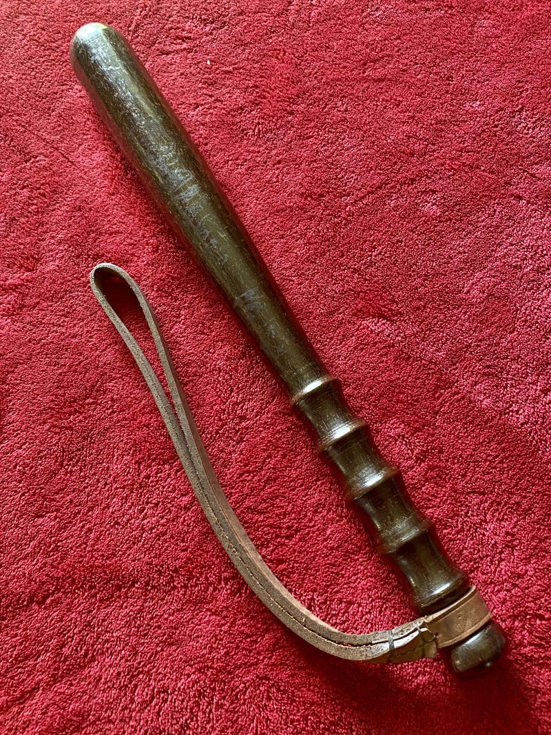 Original Vintage Dark Oak British Police Truncheon with Leather Strap c1960