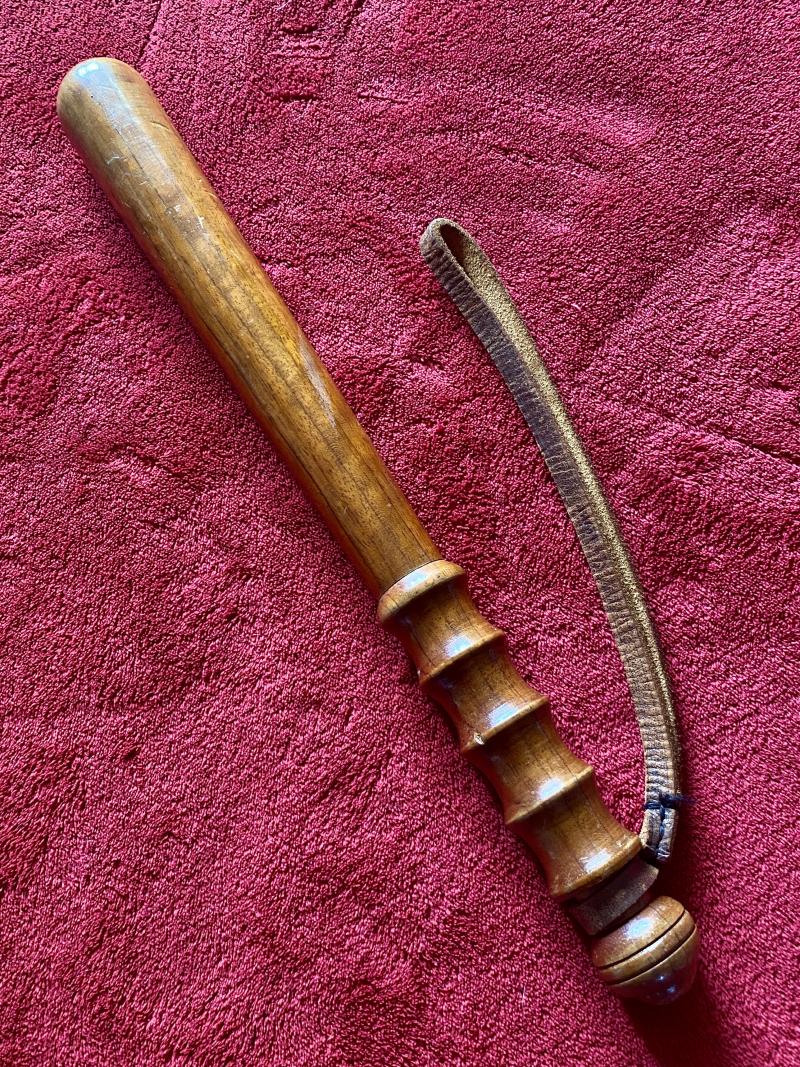 Antique British Police Hickory Truncheon with Original Leather Wrist Strap Marked HIATT c1920